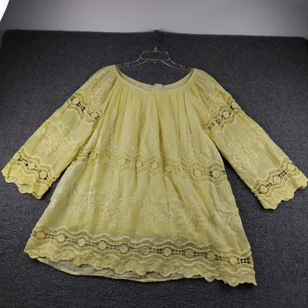 Made in Italy Tunic Top Womens Medium Yellow Lace Crochet Embroidered EUC